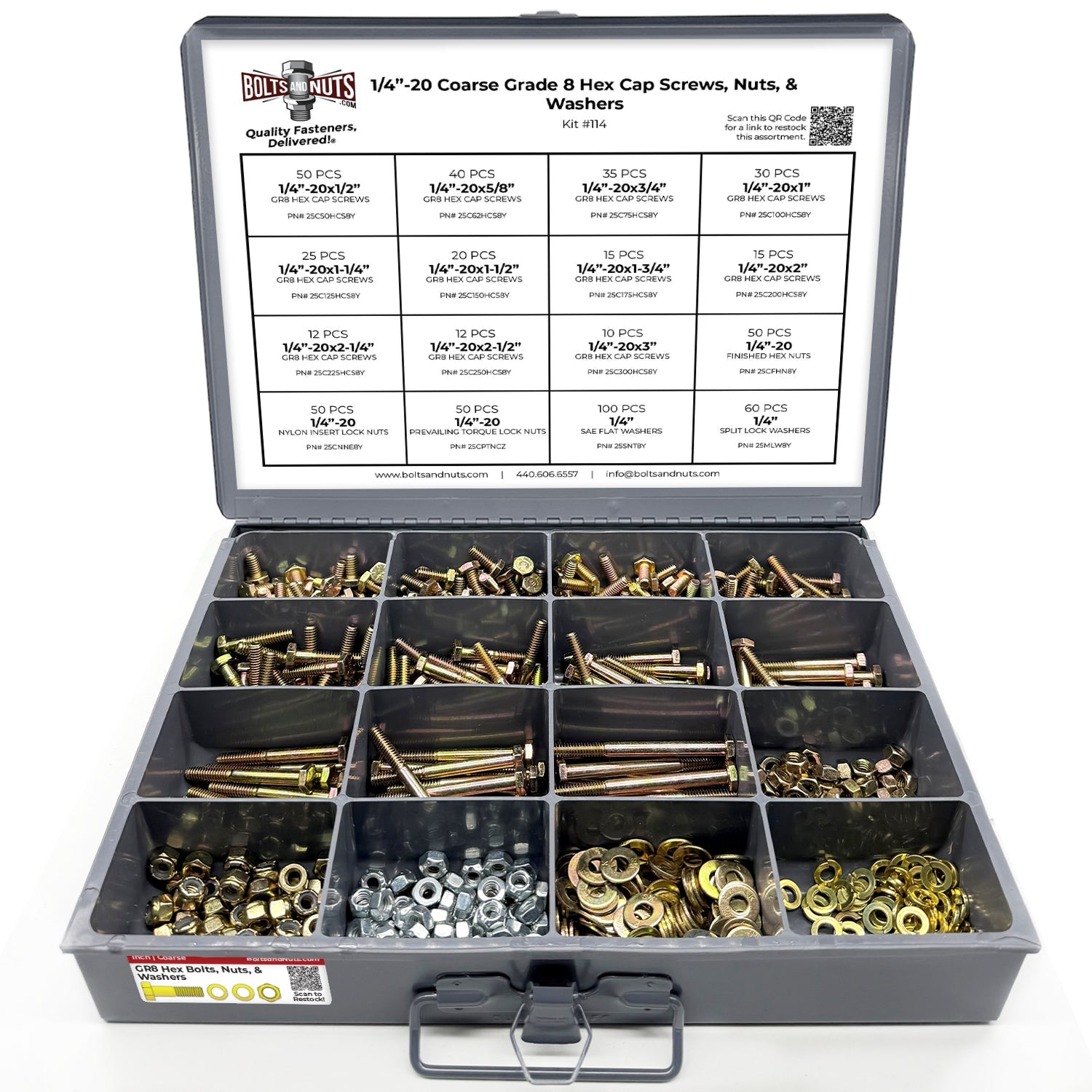1/4"-20 Coarse Grade 8 Hex Cap Screws, Nuts, & Washers - 575 PCS