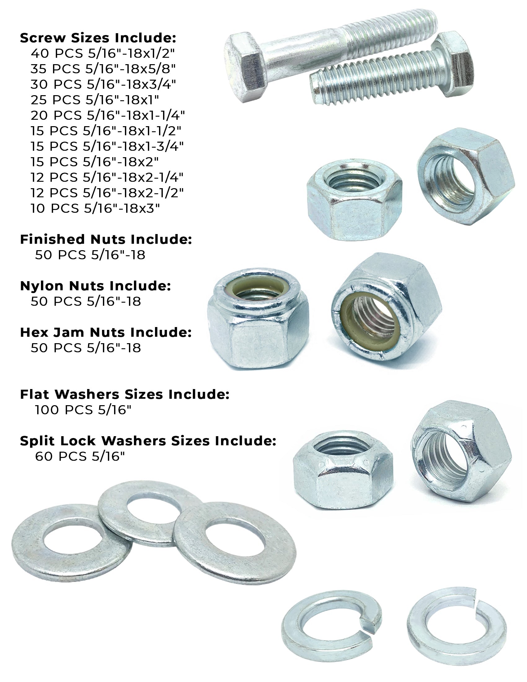 5/16"-18 Coarse Grade 5 Hex Cap Screws, Nuts, & Washers - 540 PCS