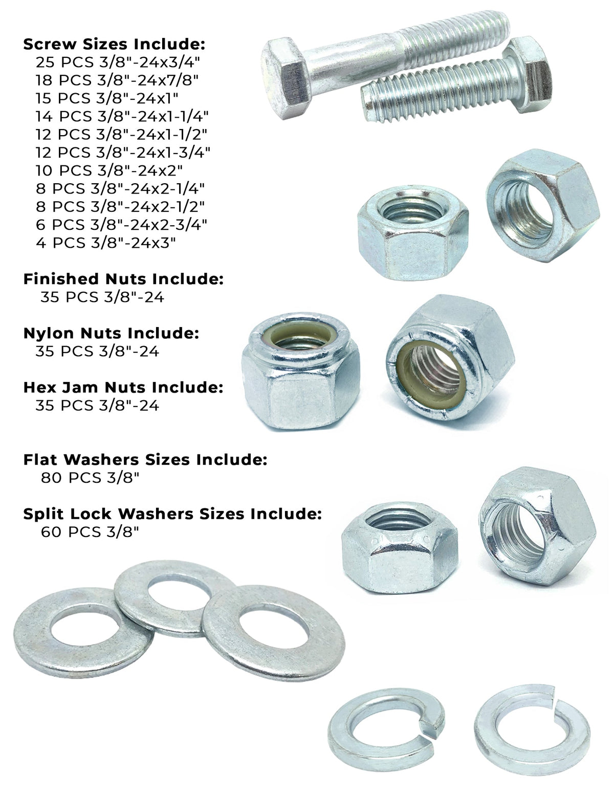 3/8"-24 Fine Grade 5 Hex Cap Screws, Nuts, & Washers - 378 PCS