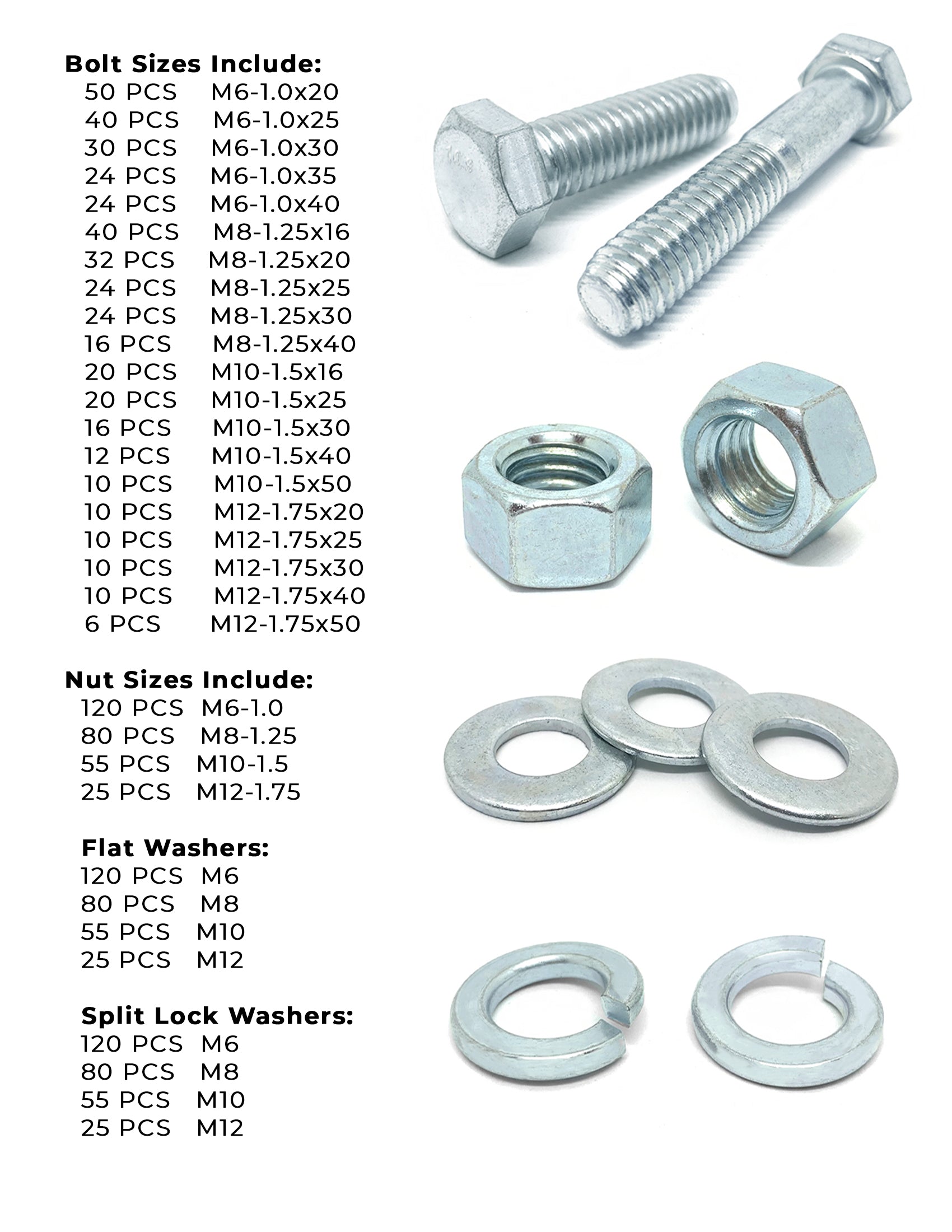 Metric Class 8.8 Hex Cap Screws, Hex Nuts, Flat & Lock Washers Coarse Thread Zinc Clear - 1269 PCS