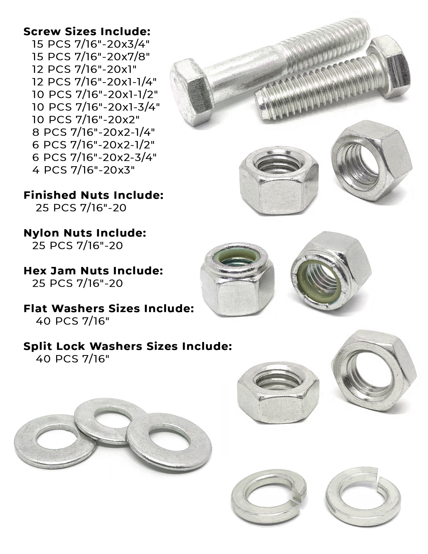 7/16"-20 Fine 18-8 Stainless Steel Hex Cap Screws, Nuts, & Washers - 264 PCS