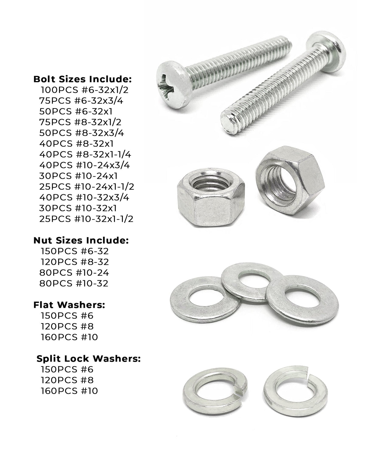 Inch Stainless Steel Phillips Pan Head Machine Screws, Hex Nuts, Flat & Lock Washers - 1921 PCS