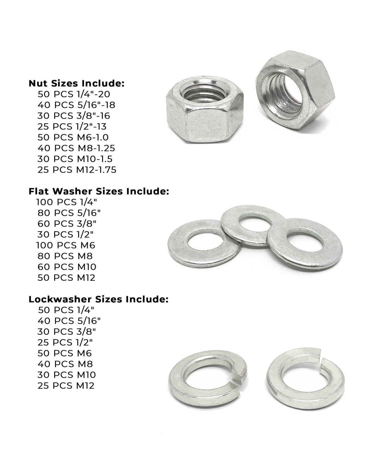 Inch & Metric Stainless Steel Hex Nut, Lock Washer and Flat Washer Assortment - 1141 PCS