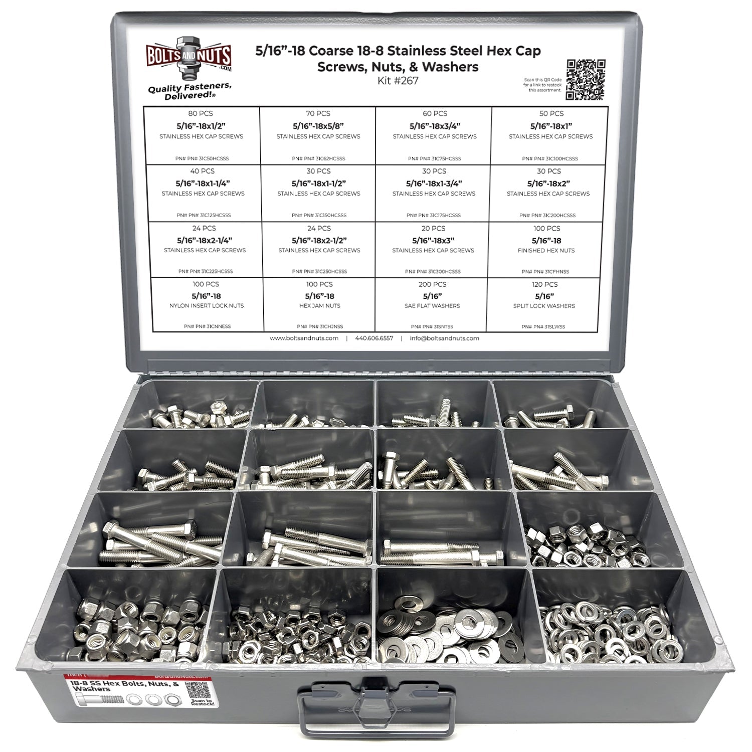 5/16"-18 Coarse 18-8 Stainless Steel Hex Cap Screws, Nuts, & Washers - 1079 PCS