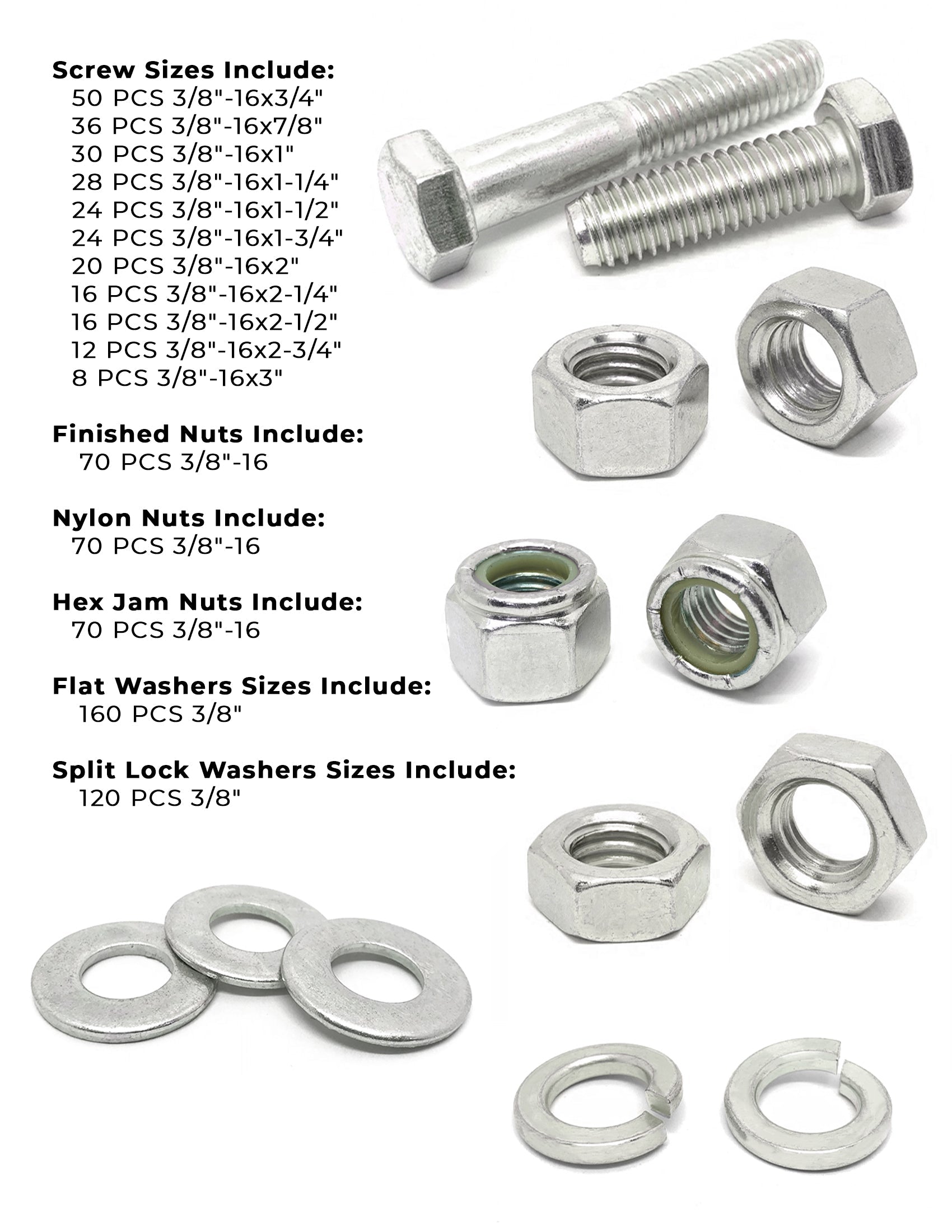 3/8"-16 Coarse 18-8 Stainless Steel Hex Cap Screws, Nuts, & Washers - 755 PCS