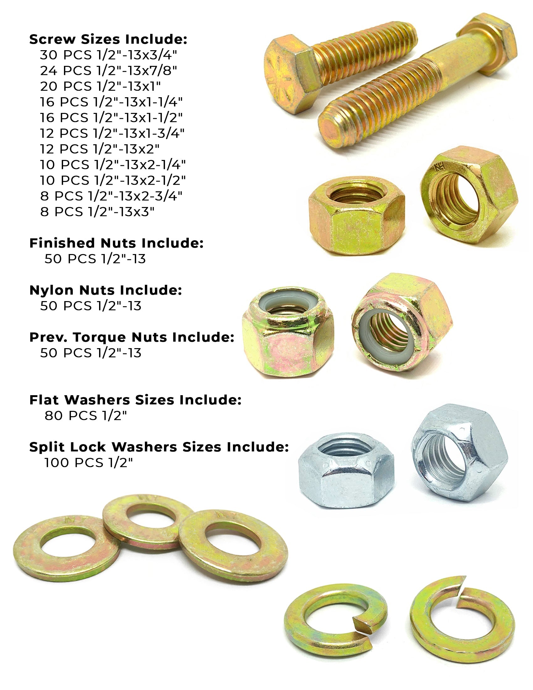 1/2"-13 Coarse Grade 8 Hex Cap Screws, Nuts, & Washers - 496 PCS