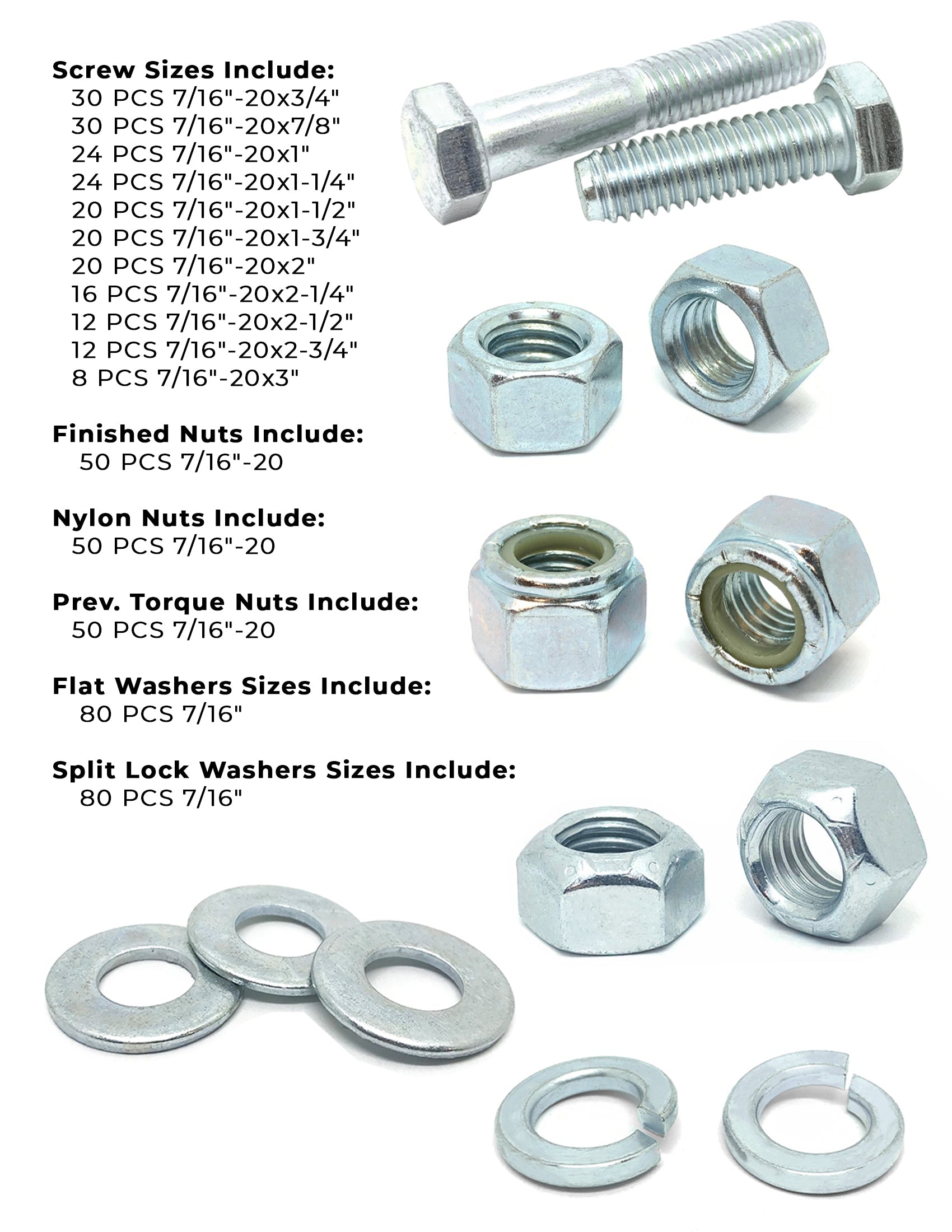 7/16"-20 Fine Grade 5 Hex Cap Screws, Nuts, & Washers - 528 PCS