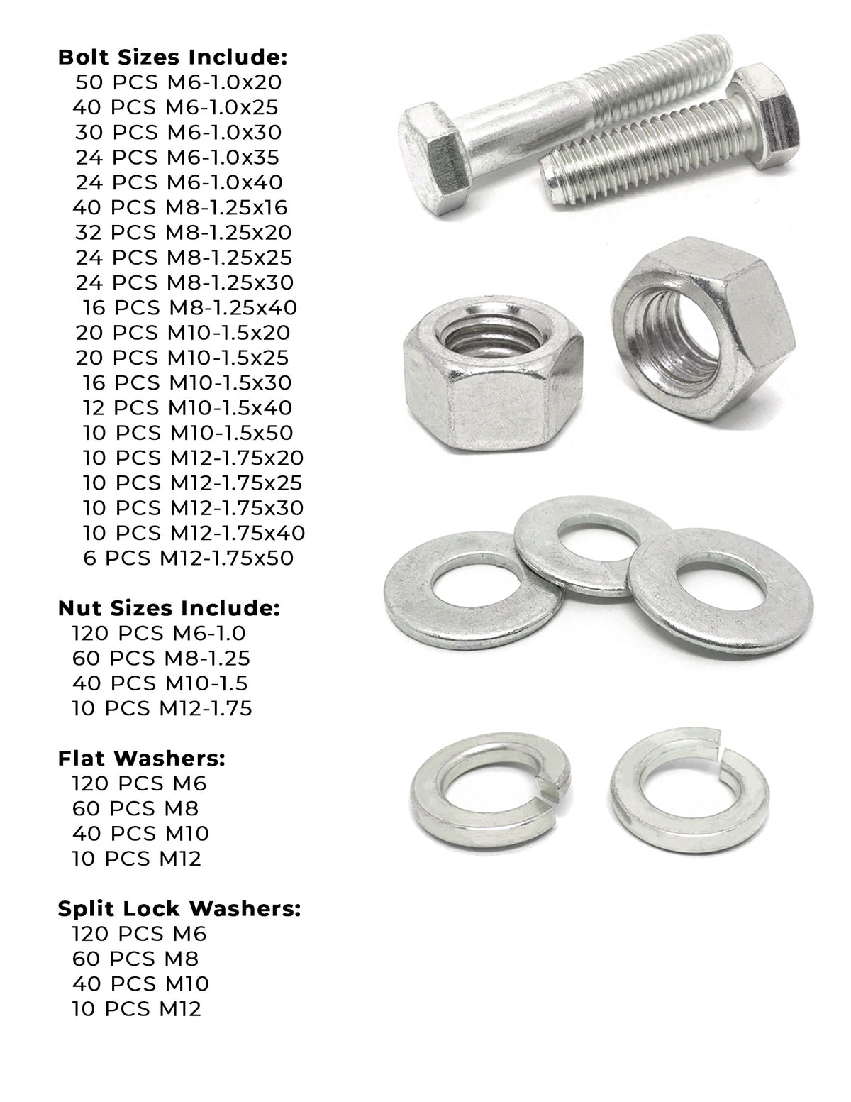 Metric A2 Stainless Steel Hex Cap Screws, Hex Nuts, Flat & Lock Washers - 1118 PCS