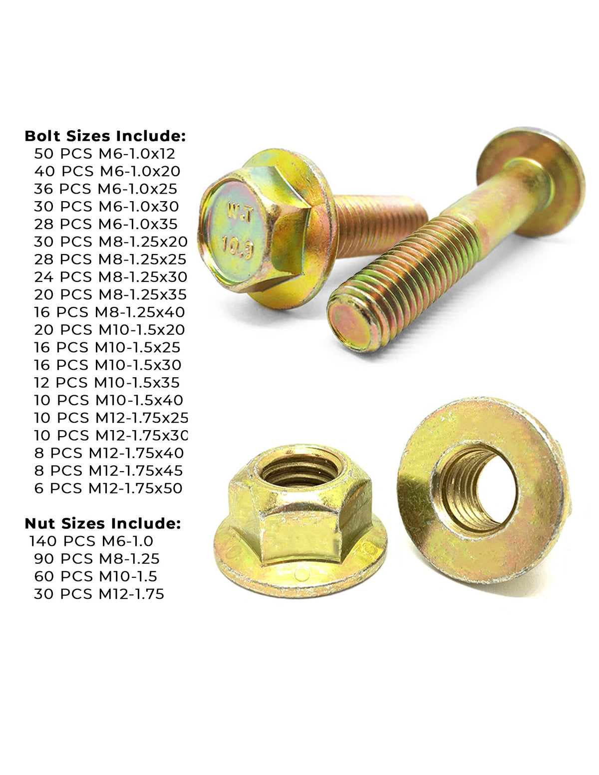 Metric Class 10.9 Hex Flange Frame Bolts & Nuts Assortment Zinc Yellow- 739 PCS