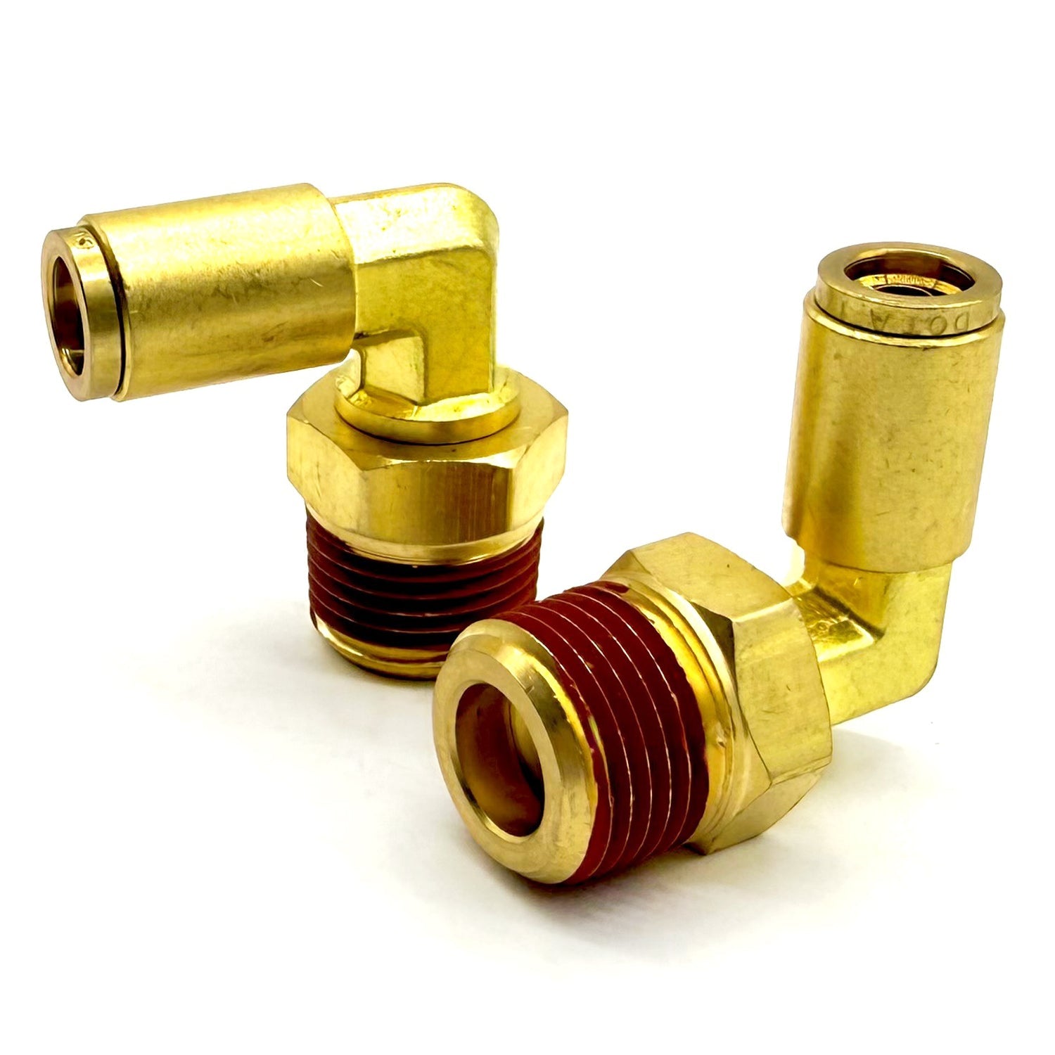 1/8" Tube to 1/4" NPT 90 Degree Elbow Male Pipe Connector, Brass D.O.T. Push to Connect Air Brake Fitting with Red Acrylic Thread Sealant