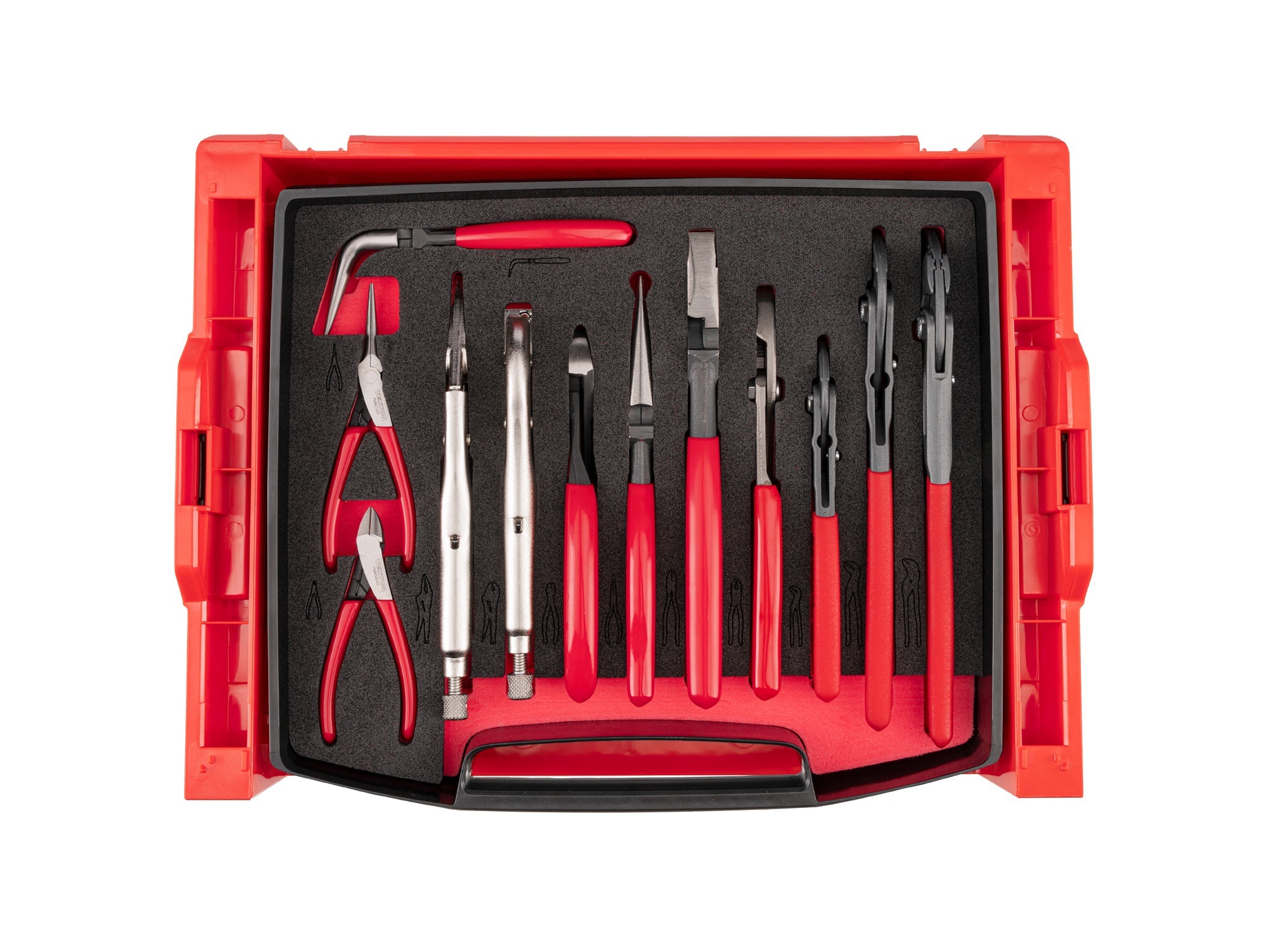 Gripping, Cutting, and Locking Pliers Set with Open Top Drawer and Rack (12-Piece)